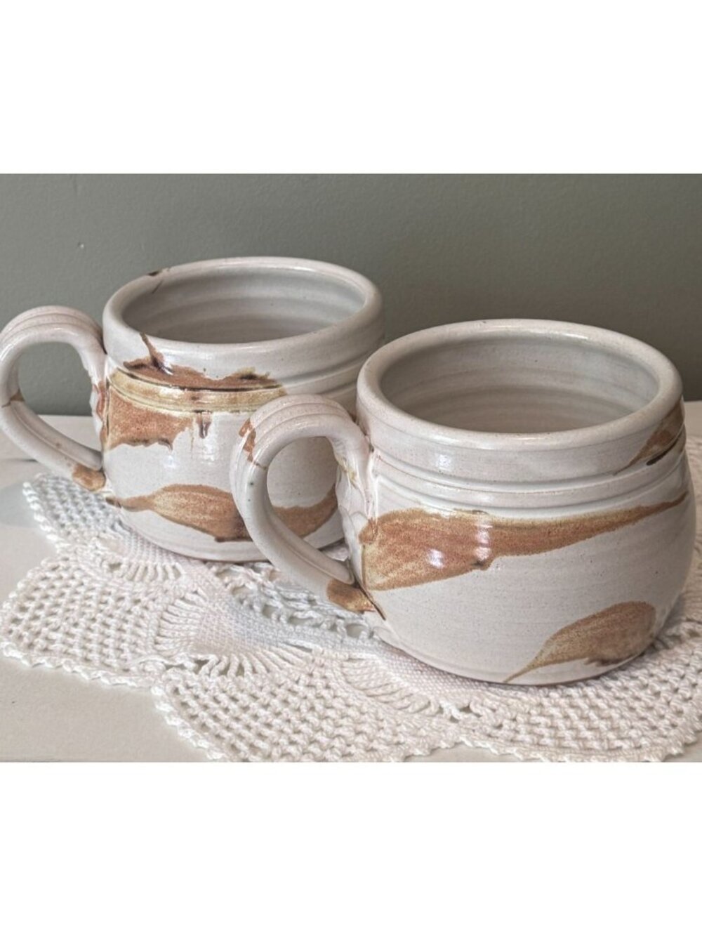 Studio B Pottery Thorpe Hand Thrown Mug Pair Signed Stoneware Coffee Cups Rustic